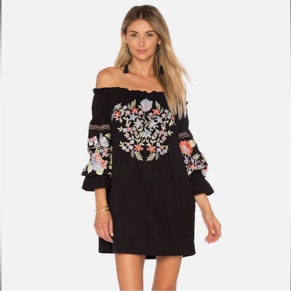 Free People Fleur Du Jour Black Embellished Bell Sleeve Dress - Picture 1 of 10
